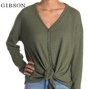 GIBSON Women's Thermal Waffle Knit Tie‎ Front Button Down Top NWT